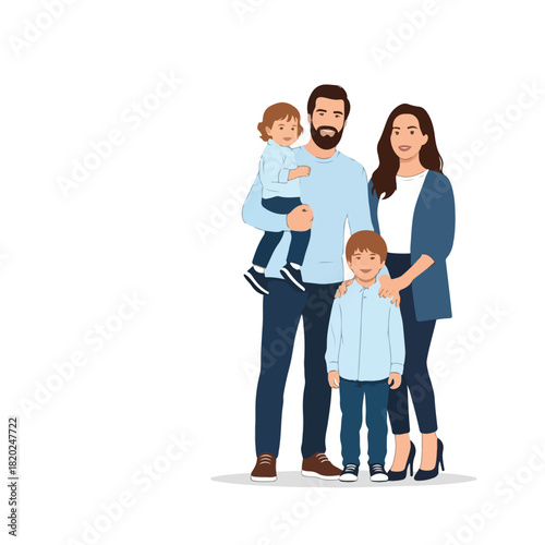 Happy family portrait of mother, father, and two young children, smiling together in casual attire