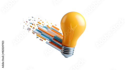 Yellow light bulb with colorful abstract streaks isolated on transparent background