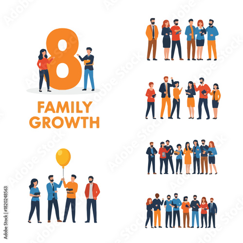 Illustrations of family growth and development over time showing different stages of family size and togetherness