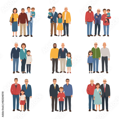 Diverse families and generational connections depicted through charming vector illustrations