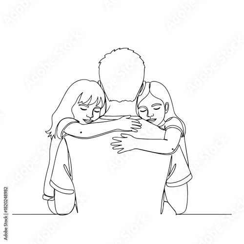 Line art of a father hugging his two daughters, symbolizing family love and connection