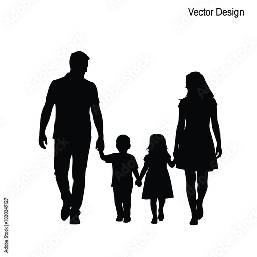 Silhouette of a loving family walking together, man, woman, and two children holding hands