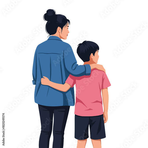 Mother and son looking into the distance, embracing the future