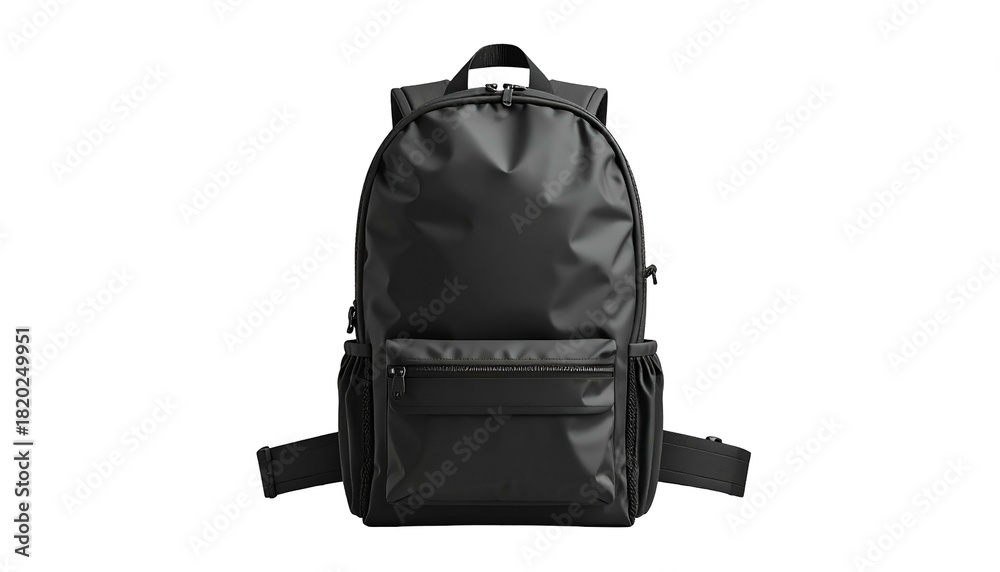 Naklejka premium Modern black backpack, front view, isolated on a dark background