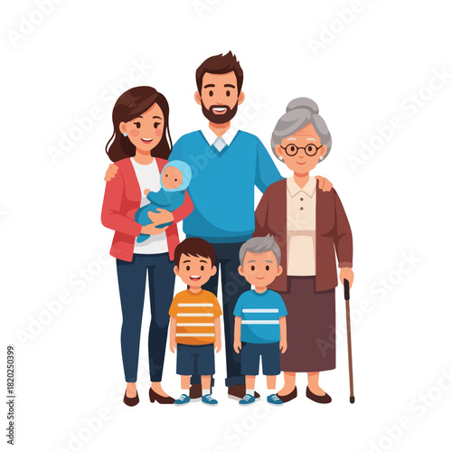 Happy Multi-Generational Family Poses Together, Including Parents, Children, and Grandparent