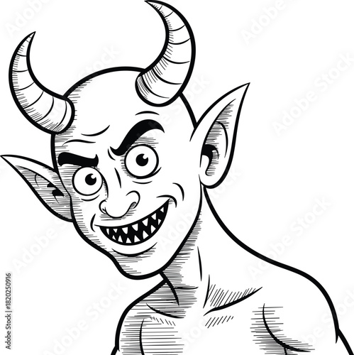 Black and white cartoon devil with horns and pointed ears