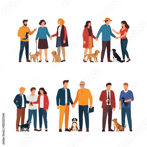 A collection of diverse couples and families with their beloved canine companions enjoying moments together
