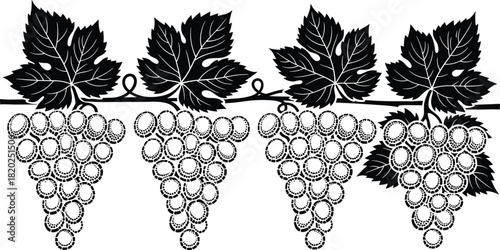 Decorative horizontal border featuring black grapevine leaves and stylized dotted grapes, vector illustration suitable for wine labels, menu design, and packaging elements