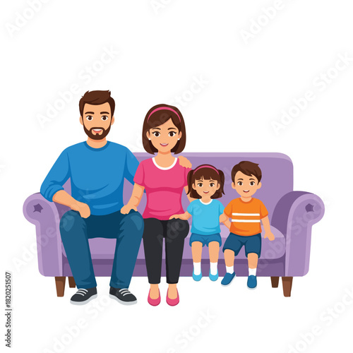Happy family with two children sitting on a couch, a warm and loving scene