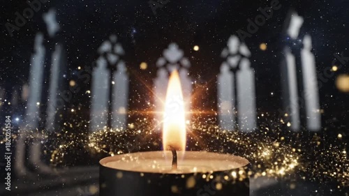 Bright candle illuminates celestial arches magic sparkles