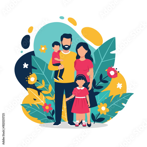 Happy family of four, parents with two children, standing together surrounded by vibrant leaves and abstract shapes