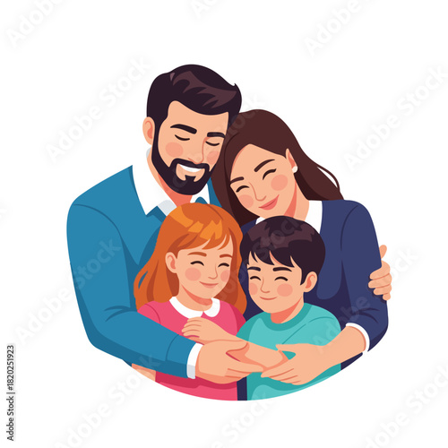 Happy Family Hugging Together Smiling Parents and Two Children Embracing with Love and Affection