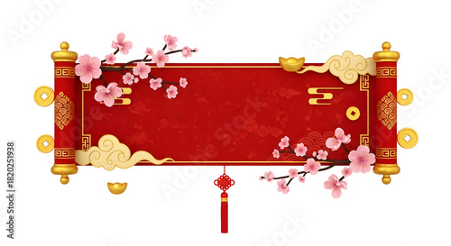Celebrate prosperity and fortune with this traditional Chinese New Year scroll, perfect for festive greetings and cultural events with its elegant cherry blossoms