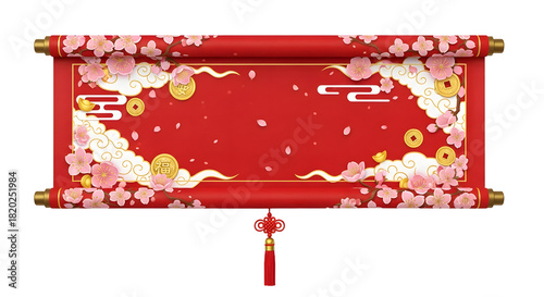 Celebrate Chinese New Year with this festive red scroll design featuring blooming cherry blossoms, golden accents, and traditional clouds, perfect for greetings