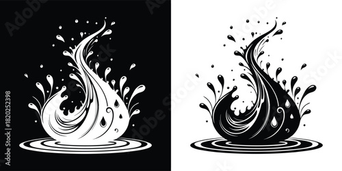 Dynamic black and white illustration of a swirling water splash with droplets and ripples, presented in both positive and negative versions