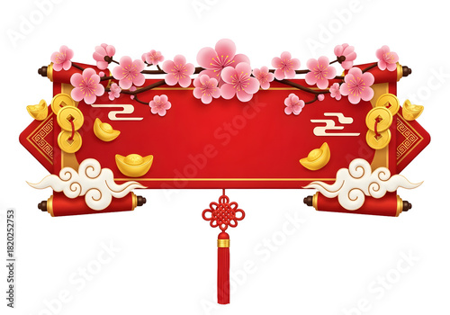 Celebrate prosperity with this festive Asian scroll ornament featuring blooming cherry blossoms, gold coins, and decorative knot for a joyful lunar new year