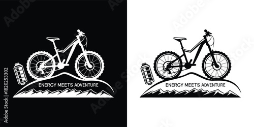 Mountain bike graphic with mountains and trees, black and white design, suitable for a sports shop or outdoor adventure brand
