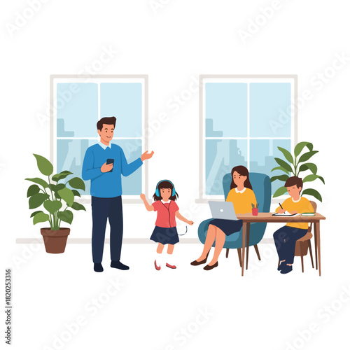 Family enjoying a cozy day indoors, with parents and children engaged in various home activities, illustrating modern lifestyle and togetherness