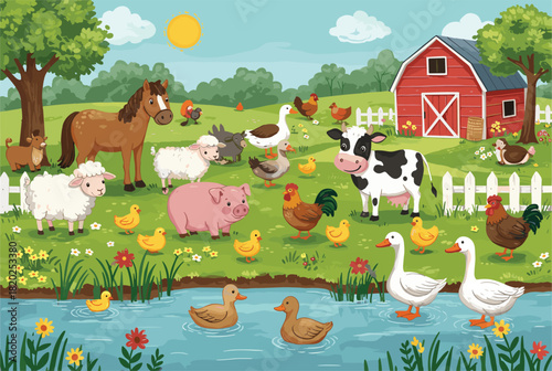 Cartoon farm scene with animals, red barn background, green grass and pond, sunny day illustration, rural lifestyle, nature environment, educational countryside artwork