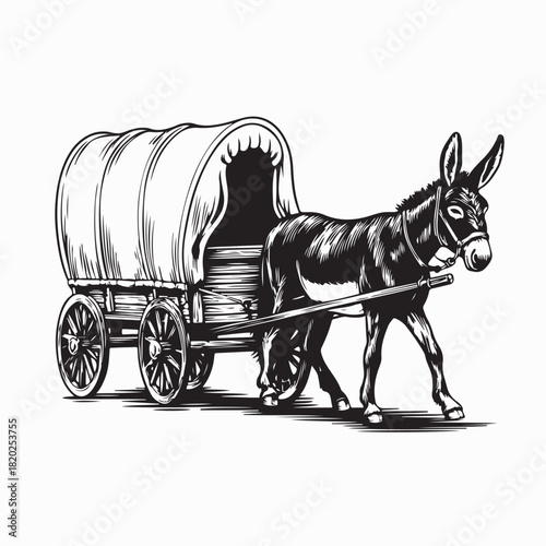 Traditional Covered Wagon with Donkey Vector Illustration on white background