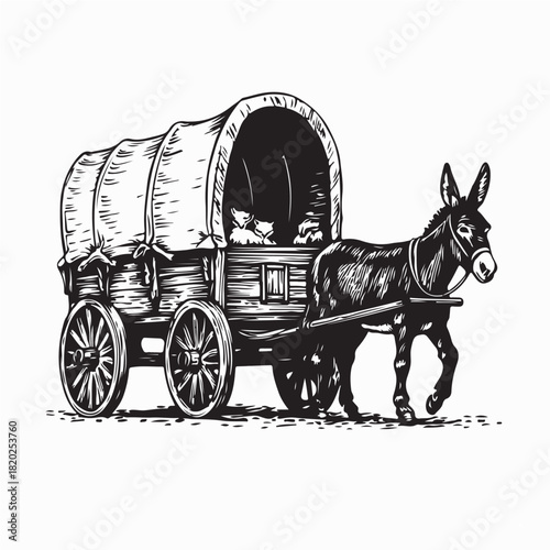Donkey Pulling a Covered Wooden Wagon Illustration on white background