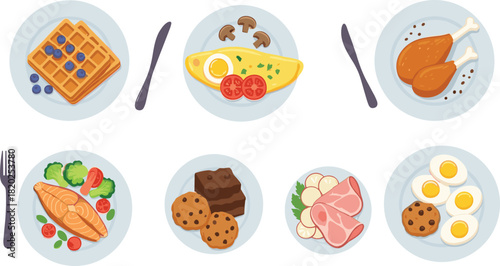 Cartoon food, breakfast plate, lunch meal, waffles, omelet, drumsticks, salmon fillet, chocolate dessert, ham slices, egg halves, colorful illustration, tasty variety