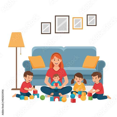 Happy mother playing with her children with colorful blocks on the floor indoors