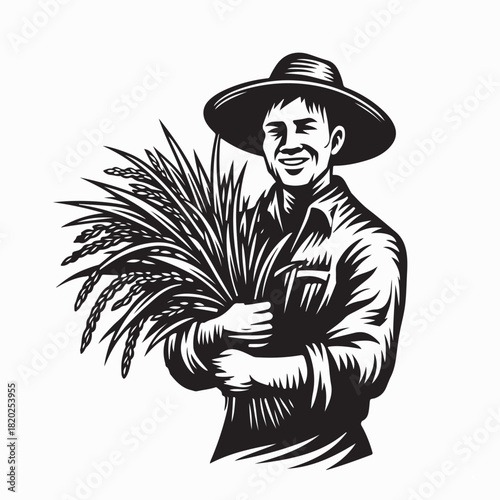 Asian Farmer with Conical Hat Holding Rice Seedlings Illustration