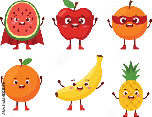 Cartoon fruits, superhero characters, playful design, smiling faces, healthy theme, fruit costumes, kids illustration, animated style, colorful produce, fun expressions, educational concept