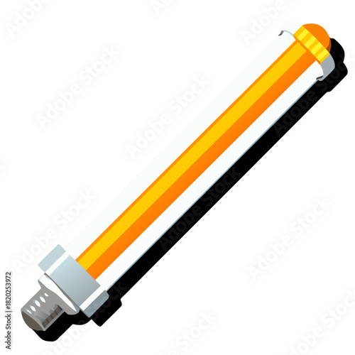 a fluorescent tube light shown diagonally, featuring a long cylindrical shape with a bright yellow-orange glow in the center, white outer casing, and gray metal end caps with ridged bases.