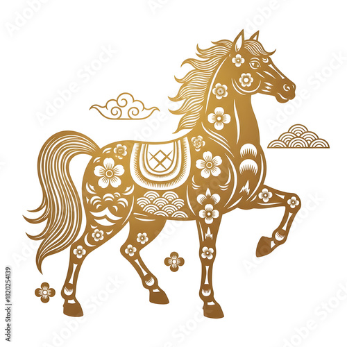 Golden horse adorned with flowers and clouds, a beautiful symbol of Chinese New Year luck and prosperity, perfect for celebrating Lunar New Year