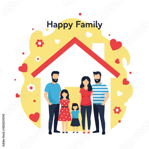 A Happy Family of Four Standing in Front of a Home with Hearts and Flowers, symbolizing love and togetherness