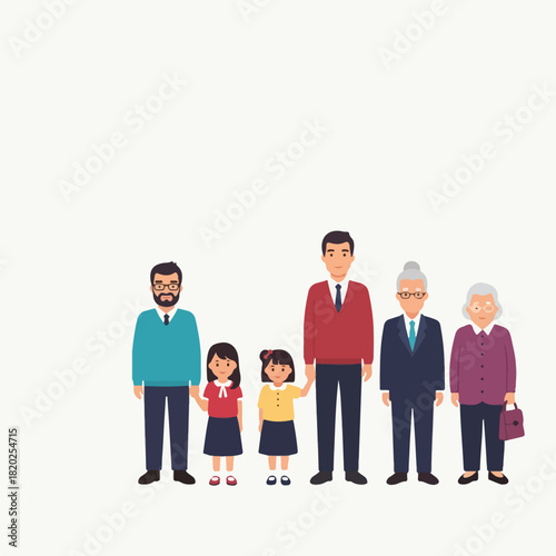 A multi-generational family portrait depicting a diverse group of people from different age groups standing together in a line, representing family unity and connection