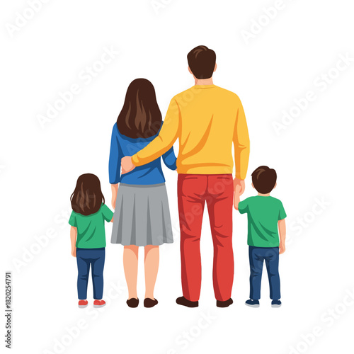A loving family of four, parents and two children, standing together with their backs to the viewer