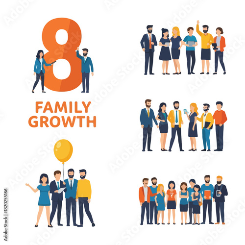 Family Growth Concepts Illustrated with Diverse Groups of People and the Number Eight