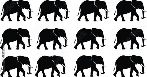 Black silhouette elephants walking in a repeating pattern on a white background vector