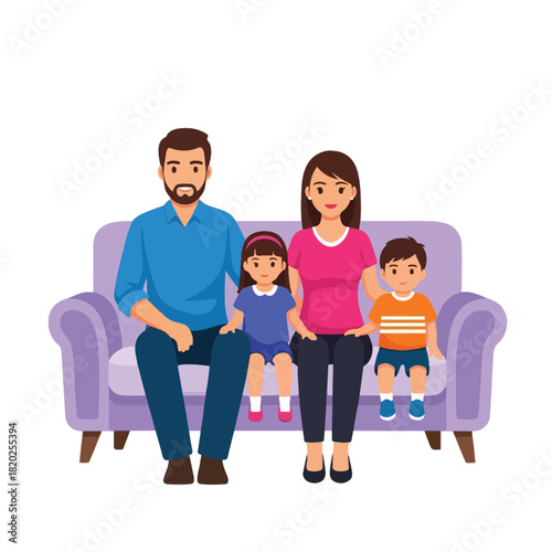 A happy family of four, including parents and two children, relaxing together on a comfortable sofa, symbolizing love and togetherness