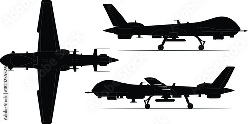 Black silhouette of a military drone from three different angles top side and front view