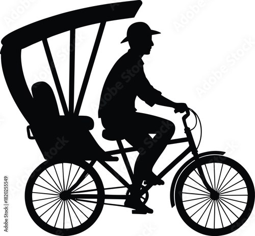 Black silhouette of a man riding a bicycle rickshaw with a passenger seat and canopy