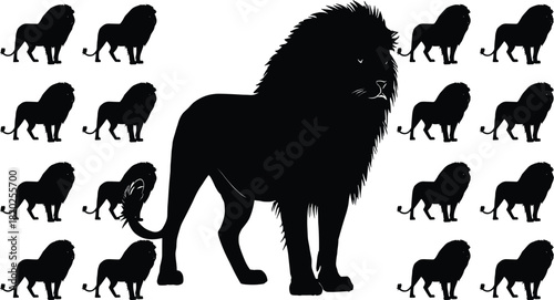 Collection of black lion silhouettes on a white background with one large central lion