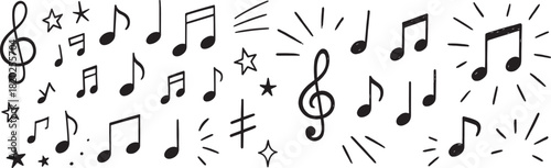 Handwritten music symbols, notes, keys doodle set. Hand drawn melody crayon icons. Whimsical vector illustration. Twinkle, star, confetti, glitter, motion, movement comic effects. Crayon scribbles bla
