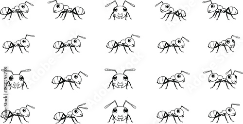 Collection of cartoon ants in various poses and expressions black and white line art