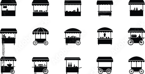Collection of black silhouette food and drink market stalls and carts food cart drink cart