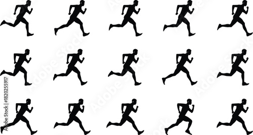 Fifteen black silhouette figures of men running in various stages of motion on a white background
