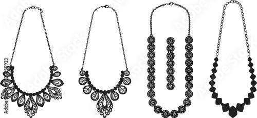 Four black silhouette necklaces with intricate designs and chain elements on a white background