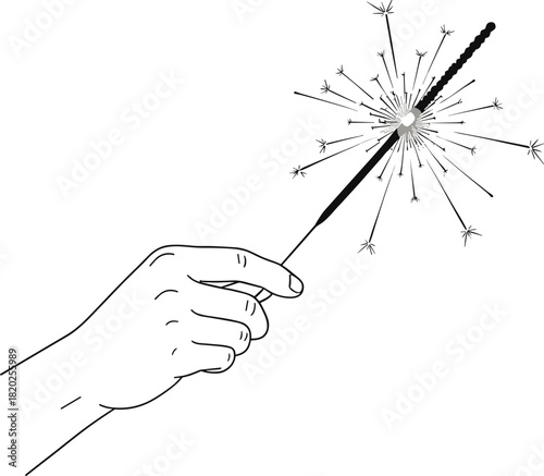 Hand holding a lit sparkler with radiating sparks against a white background firework