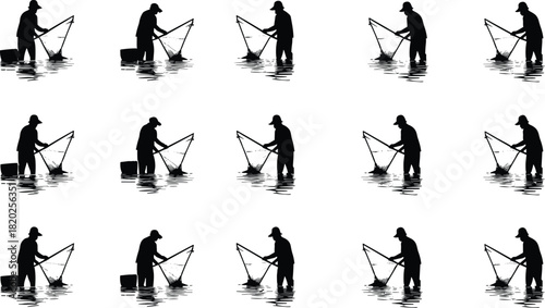 Silhouette of a fisherman casting a net in shallow water with a bucket fishing