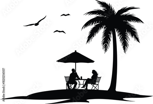 Silhouette of couple at table under palm tree with birds flying overhead chairs umbrella