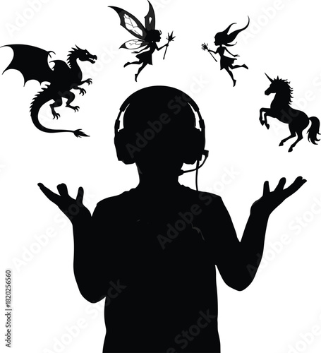 Silhouette of person wearing headphones surrounded by fantasy creatures and mythical beasts