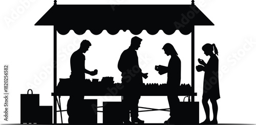 Silhouette of people at a market stall with goods and shopping bags vector